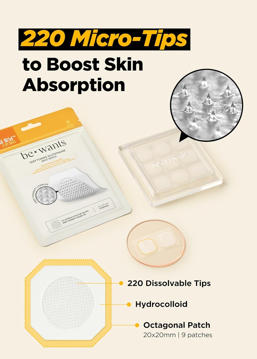 Bewants Deep Toning Glutathione Spot Patch – Micro Tip Patches for Skin Elasticity, Texture & Blemish Care, 9 Patches