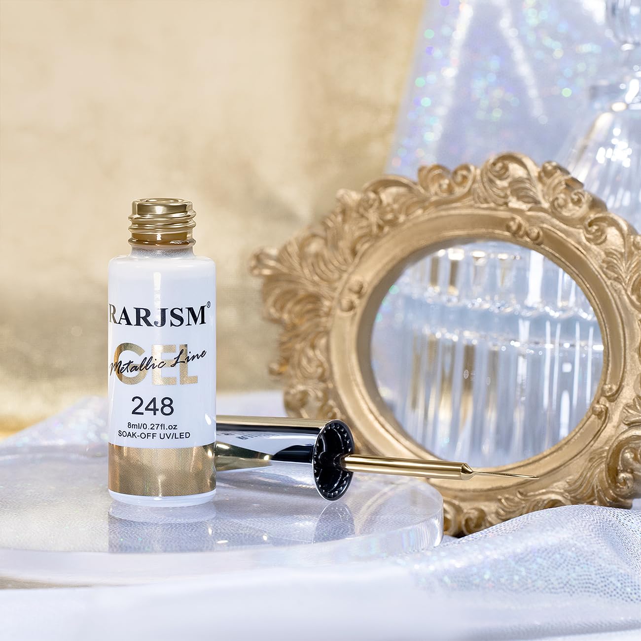 RARJSM Metallic Nail Art Gel Liner Bronze Gold Mirror Chrome 3D Effect Gel Nail Polish 8ml Build in Thin Brush Metal Painted Drawing Striper Painting Gelpolish Soak off Curing Requires for Home Salon