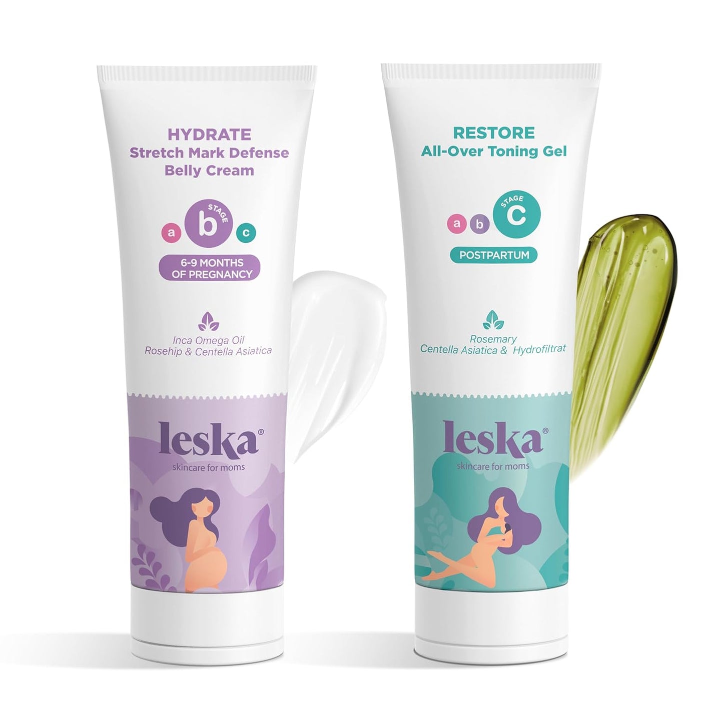 Leska Maternity Stages B & C Set | HYDRATE Belly Cream & RESTORE All-Over Toning Gel | Pregnant Moms Months 6-9 and Postpartum | Part of Complete 3-Part Maternity Skin Care System (Set of 2, 4oz each)