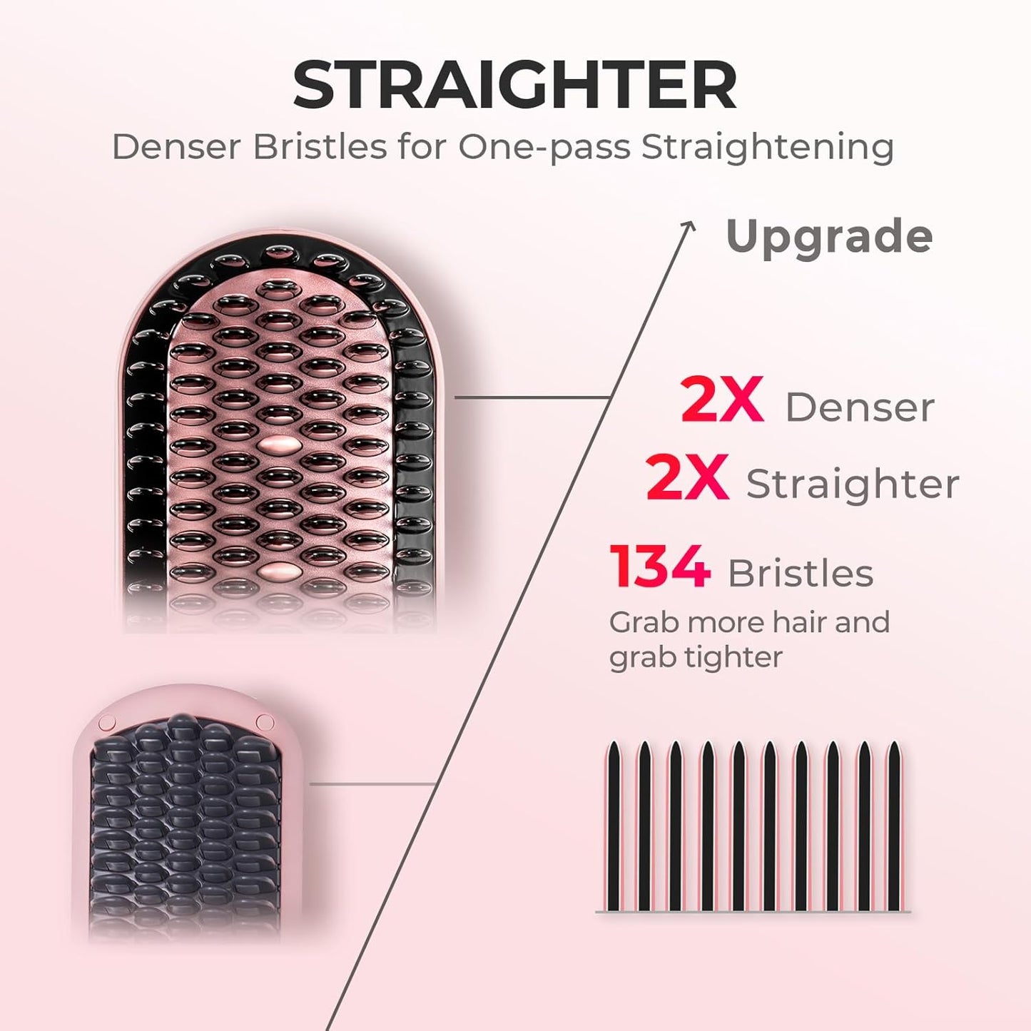 TYMO Hair Straightener Brush - Upgraded Ionic Plus Straightening Brush with Dense Bristles, 16 Temps, Dual Voltage | Ceramic Hot Comb for Women | Flat Iron for Thick Curly Hair, Pink