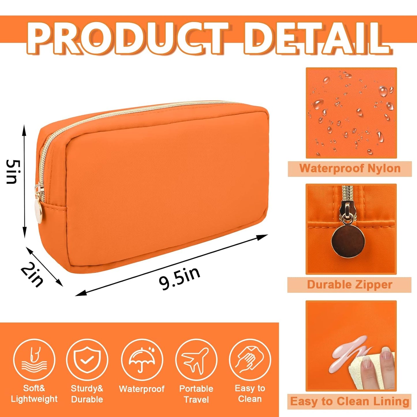 Small Makeup Bag Pouch for Purse, Nylon Travel Toiletry Storage Bag Cute Preppy Cosmetic Bag for Women Girls, Waterproof Makeup Organizer Bag Pouch Skincare Bag Purse with Zipper (Small-Peach)