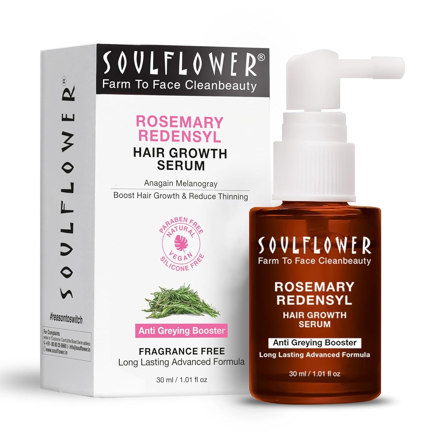 Soulflower Rosemary Redensyl Hair Growth Serum | 3% Redensyl, 4% Anagain, Melanogray, Caffeine, Biotin, Keratin, Tea Tree, Chia Seeds, Rice Water | Men, Women | 30 ml
