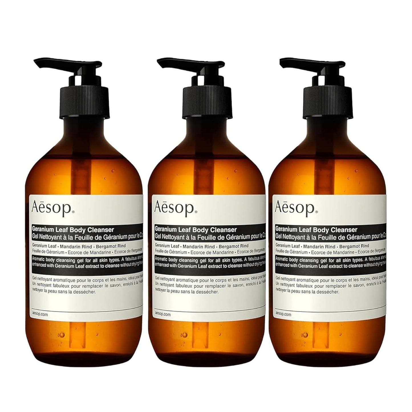 Aesop Geranium Leaf Body Cleanser | Non-drying Gentle Cleanser | Geranium Leaf, Mandarin Rind, Bergamot Rind | 16.9 oz / 500mL (Pack of 3)