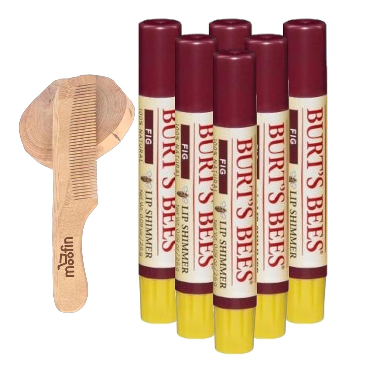 Burt's Bees Lip Shimmer Fig Shade,- Nourishing Natural Shimmer Lip With Moofin Wooden Comb, Make Up Lip Shimmer With Shea Butter Fruit Oils, Moisturizing Refreshing Pack Of 6