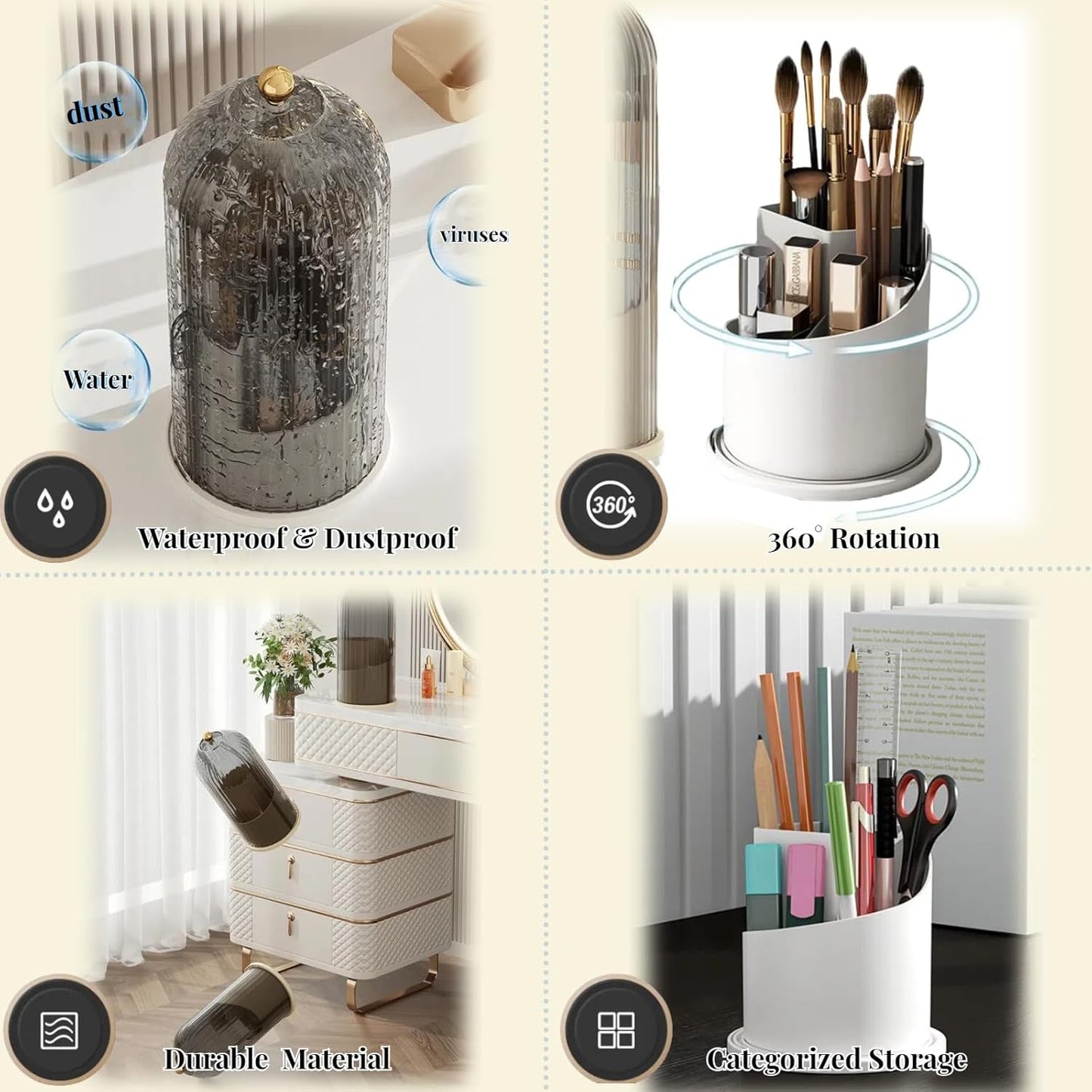 B-H1 Makeup Brush Holder with Dustproof Cover 360 Rotating Makeup Brushes Organizer for Vanity Desktop Bathroom (Transparent)