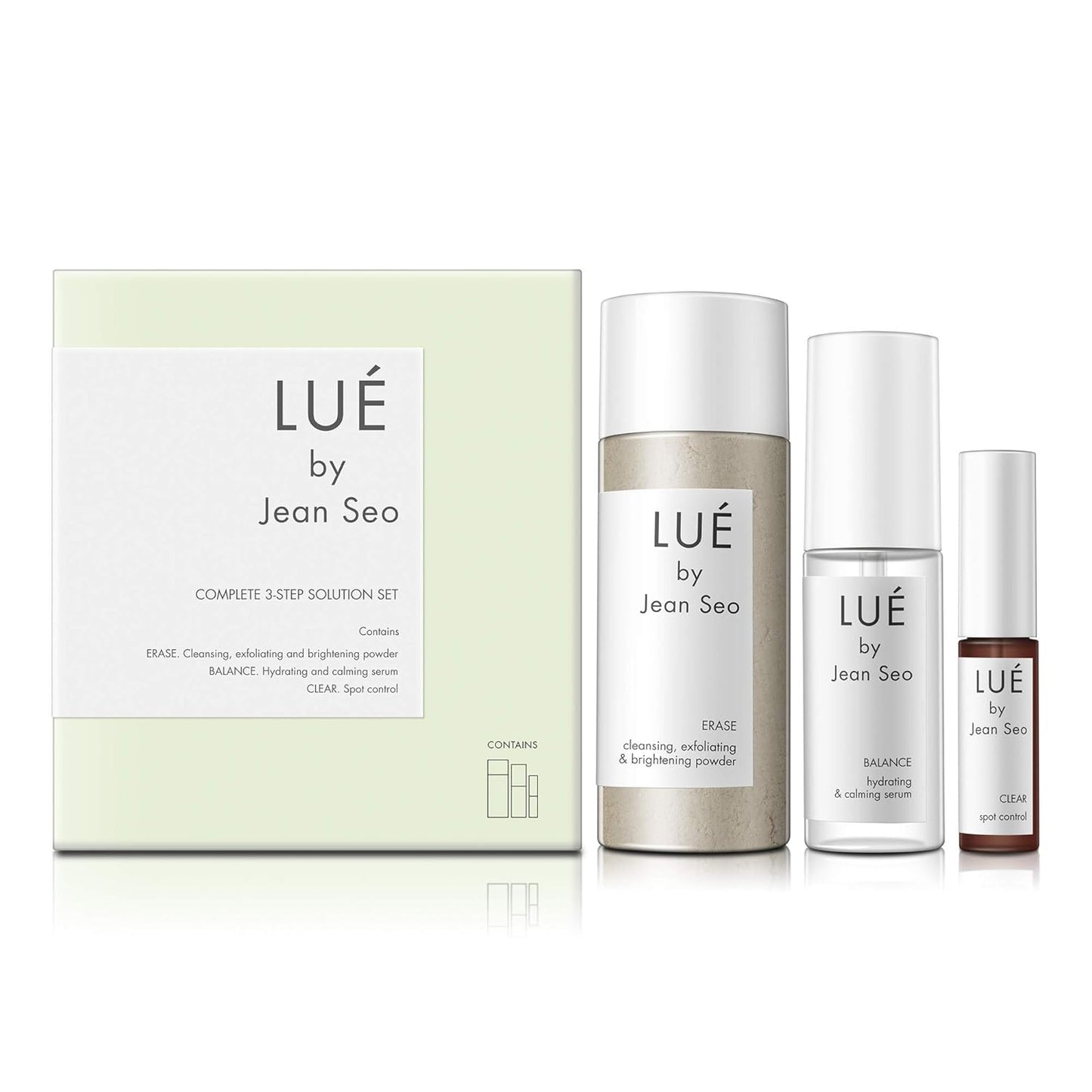 SKIN SOLUTION SET a THREE Step Solution for All Skin Types, Includes Lue by Jean Seo ERASE exfoliant, BALANCE Hydrating Serum and CLEAR Spot Control
