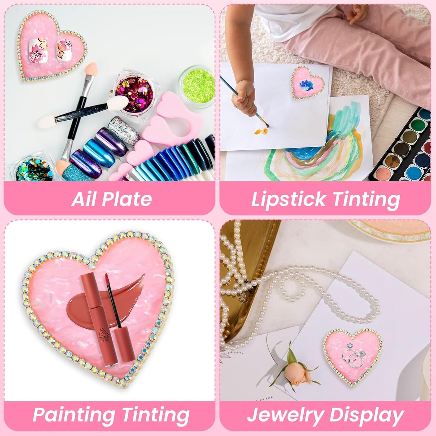 Sibba Resin Nail Art Palette, Golden Edge Nail Mixing Palette with Diamond, Polish Color Mixing Plate, Nail Holder Display Board, Heart Shape Cosmetic Mixing Tools for Women and Girls(Pink)