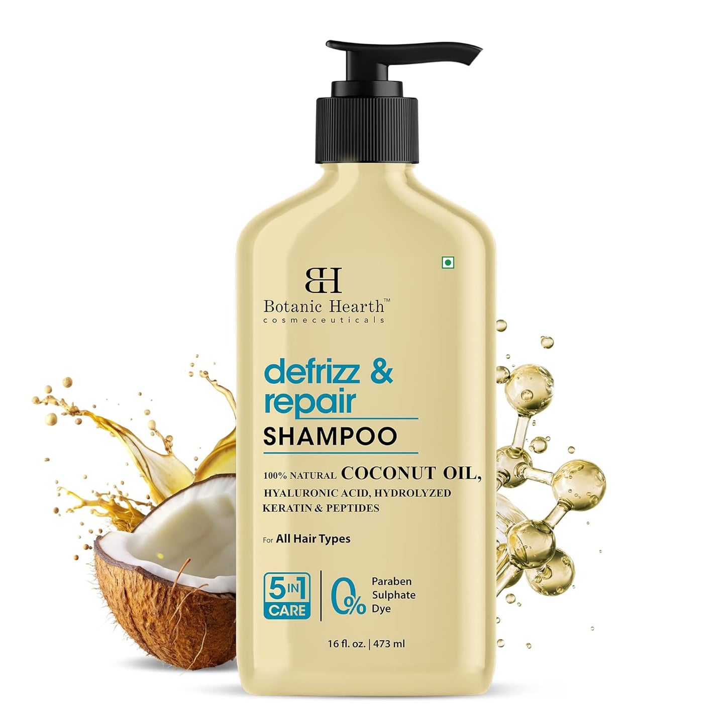 Botanic Hearth Coconut Oil Shampoo Infused With Hyaluronic Acid, Hydrolyzed Keratin & Peptides | Clarifying Shampoo To Defrizz, Repair & Strengthen Hair | For All Hair Types, 16 Fl Oz