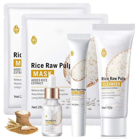 Rice Skin Care Sets, 5Pcs Face Care Set for Women, Moisturize Skin, Smooth Wrinkles & Fine Lines, Improve Skin, Hydrating Skin Care Routine Set with Rice Extract Face Serum, Mask, Cleanser, Eye Cream