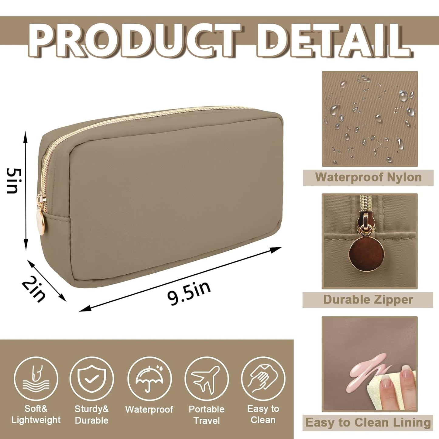 Small Makeup Bag Pouch for Purse, Nylon Travel Toiletry Storage Bag Cute Preppy Cosmetic Bag for Women Girls, Waterproof Makeup Organizer Bag Pouch Skincare Bag Purse with Zipper (Small-Khaki)