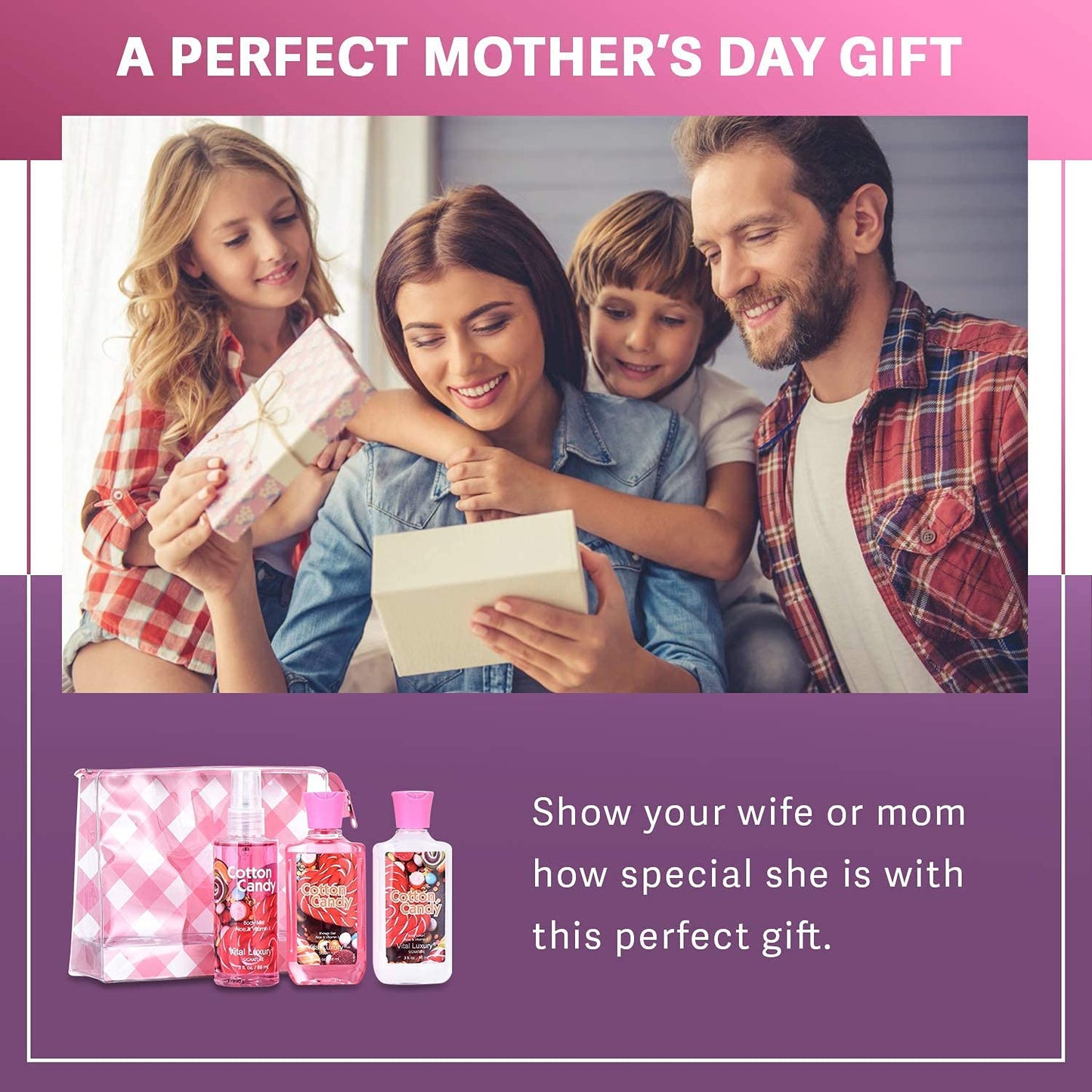 Bath & Body Care Travel Set - Home Spa Set with Body Lotion, Shower Gel and Fragrance Mist, Valentines Day Gifts for Her and Him(Cotton Candy)