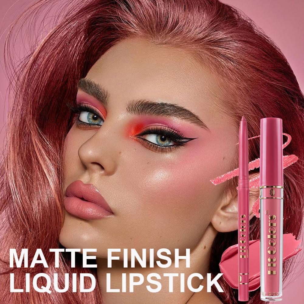 6 Colors Liquid Lipstick + Lip Liner Pen Makeup Set, Super Stay Matte Finish Lip Stain and Define Lip Liner Pencil Gift Set for Women, Longwear, Waterproof, 1PC Lip Glow Oil Include