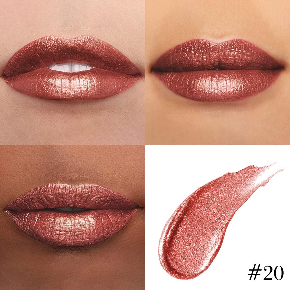 evpct Copper Metallic Glitter Lip Liner and Lipstick Combo Lip Gloss Stain Set Makeup for Women Long Lasting Waterproof 24, Bronze Gold Mocha Metallic Shimmer Frosted Iridescent Glossy Liquid Lipstick