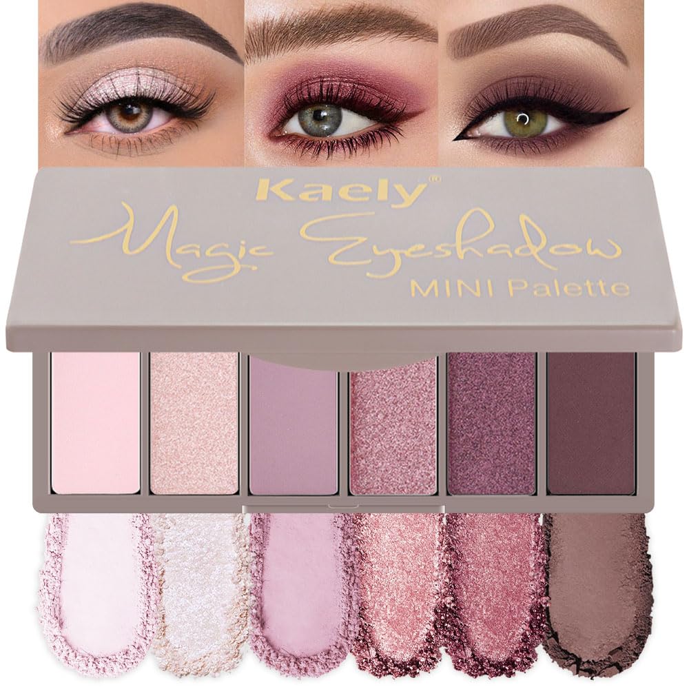evpct 6 Colors Pink Eyeshadow Palette, Nude Pink Plum Mauve Champagne Rose Orchid Wine Red Glitter Shimmer Matte High Pigment Mini Travel Eye Shadow Palette Makeup for Older Women, Built in Mirror