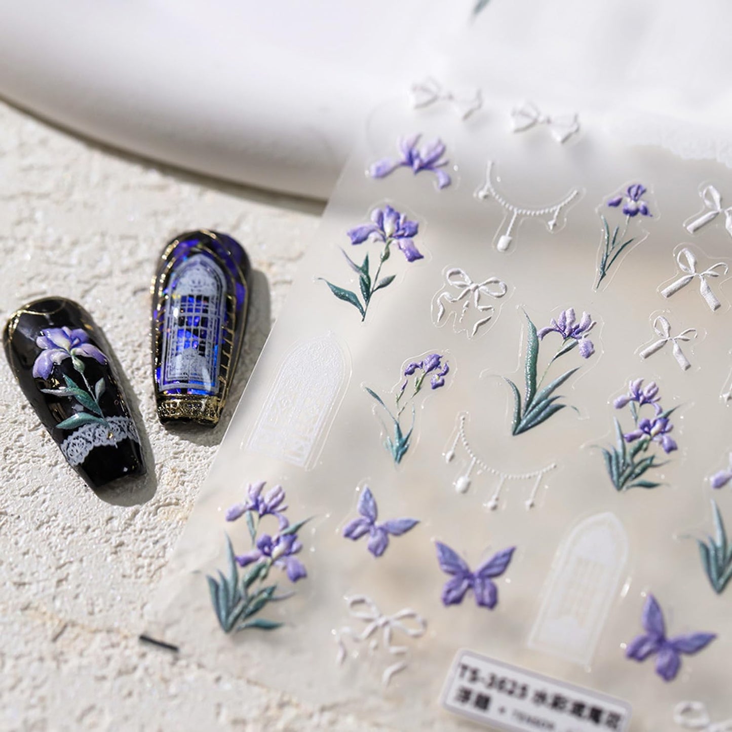 Flower Nail Sticker, 5D Embossed Iris Floral Nail Art Stickers Self-Adhesive Bows Butterfly Nail Decals for Women Nail Supplies Art Design Sticker(1, Iris Flower)