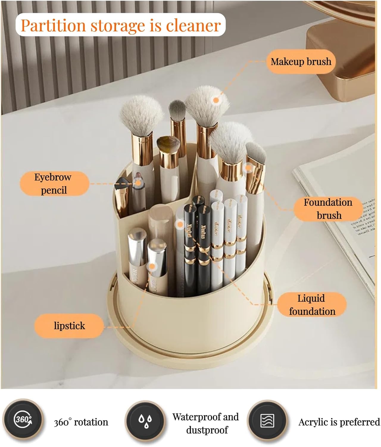 B-H1 Makeup Brush Holder with Dustproof Cover 360 Rotating Makeup Brushes Organizer for Vanity Desktop Bathroom (Transparent)