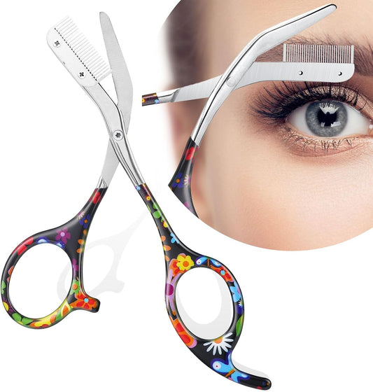 Stainless Steel Eyebrow Trimmer with Comb, Facial Grooming Scissors Kit, Professional Precision Eyebrow Trimmer Scissors,Perfect for Gifts for Men and Women (Black-A)