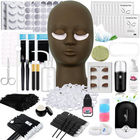 Lash Extension Kit Eyelash Practice for Beginners Professional Set with Mannequin Head Removable Eyelids USB Fan Spraye Individual False Lash Eyelash Strips Shampoo Brush Supplies