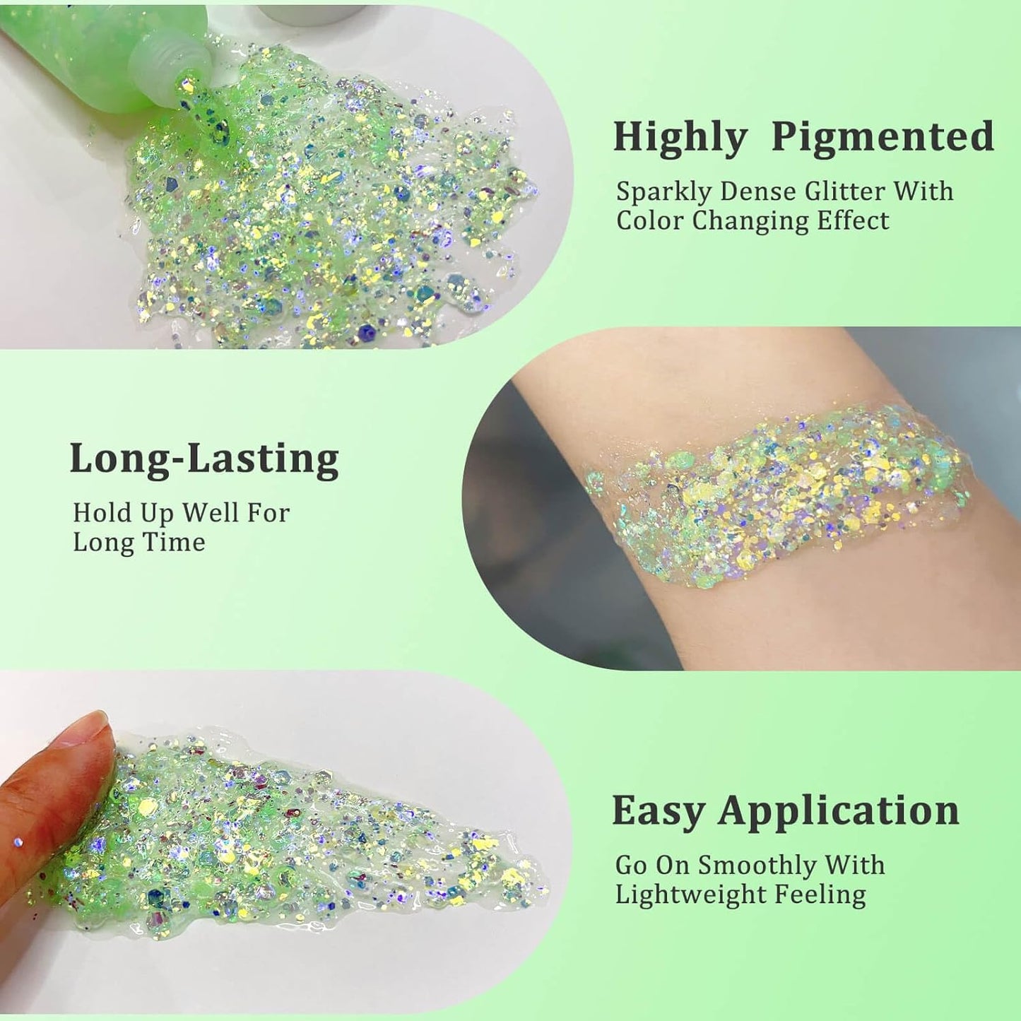 MEICOLY Chameleon Lime Green Body Glitter, Color Changing Mermaid Holographic Glitter Gel for Face, Body, Hair, Festival Party Cheer Makeup
