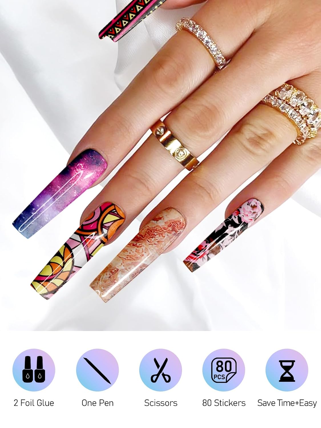 Kalolary 30ML Nail Foil Glue Gel with 80Pcs Foil Transfer Stickers Set, Holographic Nail Art Transfer Stickers DIY Decoration for Salon or Home Use