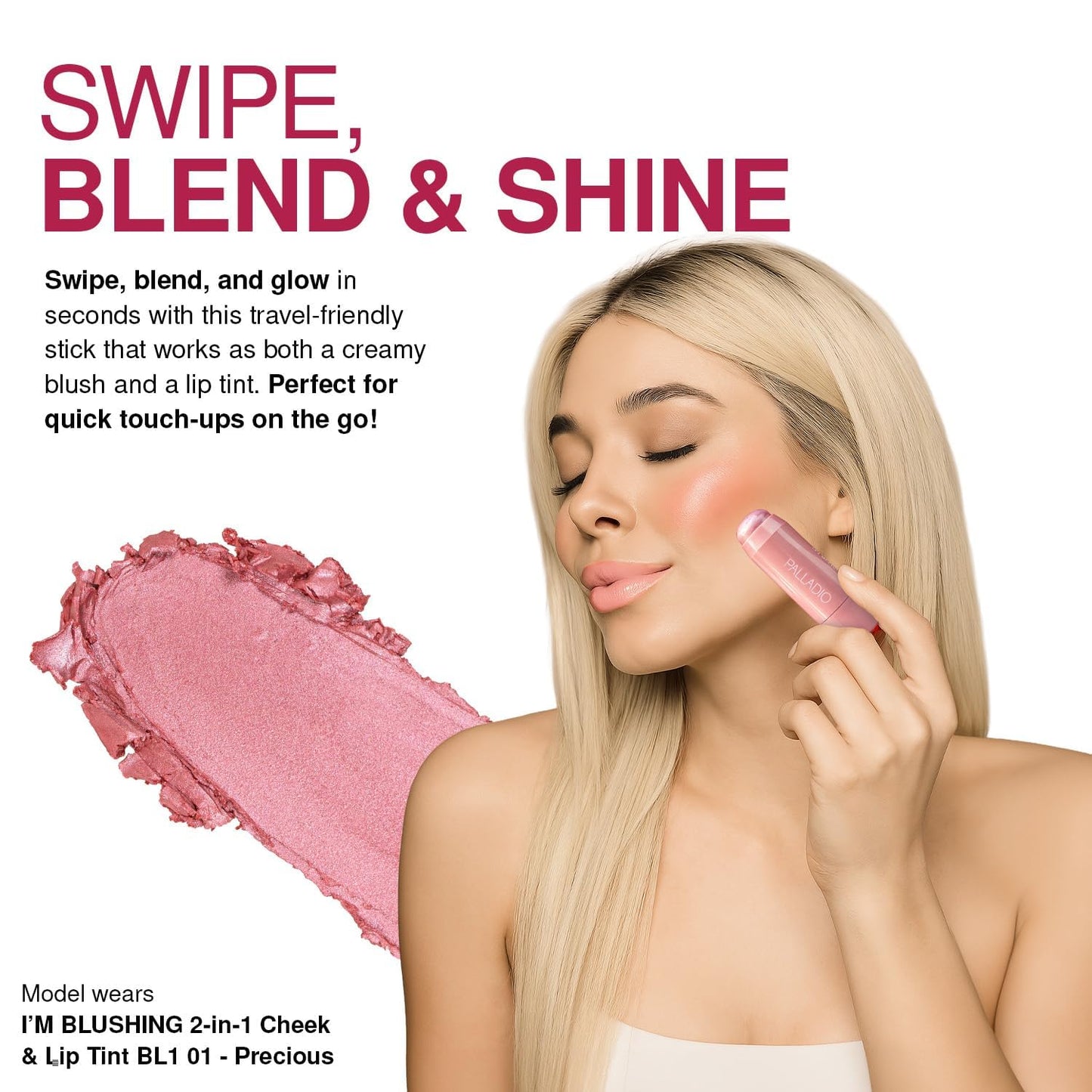 Palladio I'm Blushing 2-in-1 Cheek and Lip Tint, Buildable Lightweight Cream Blush, Sheer Multi Stick Hydrating formula, All day wear, Easy Application, Shimmery, Blends Perfectly onto Skin, Peach
