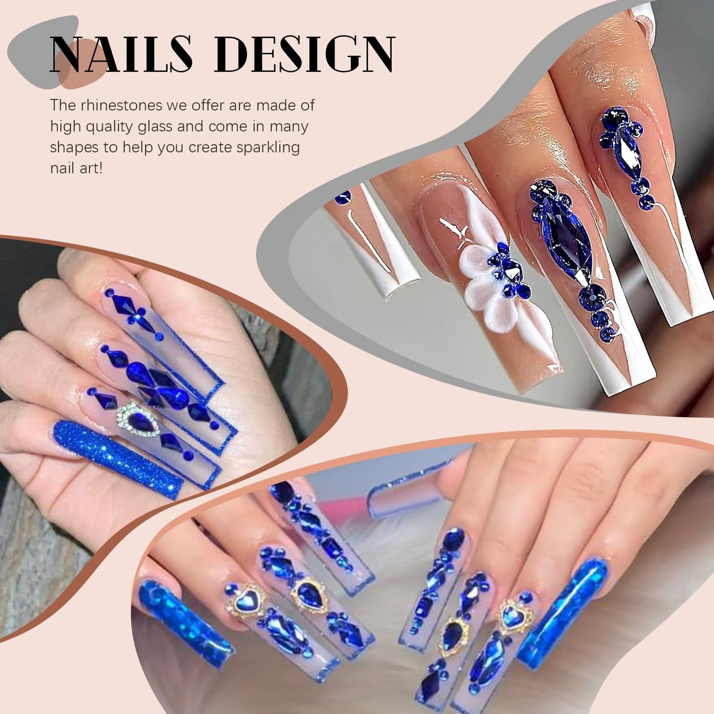 Royal Blue Glass Nail Rhinestones - 1680 Pcs Multi Shapes + 1500 Pcs Round Crystal with Glue Gel for Nail Art