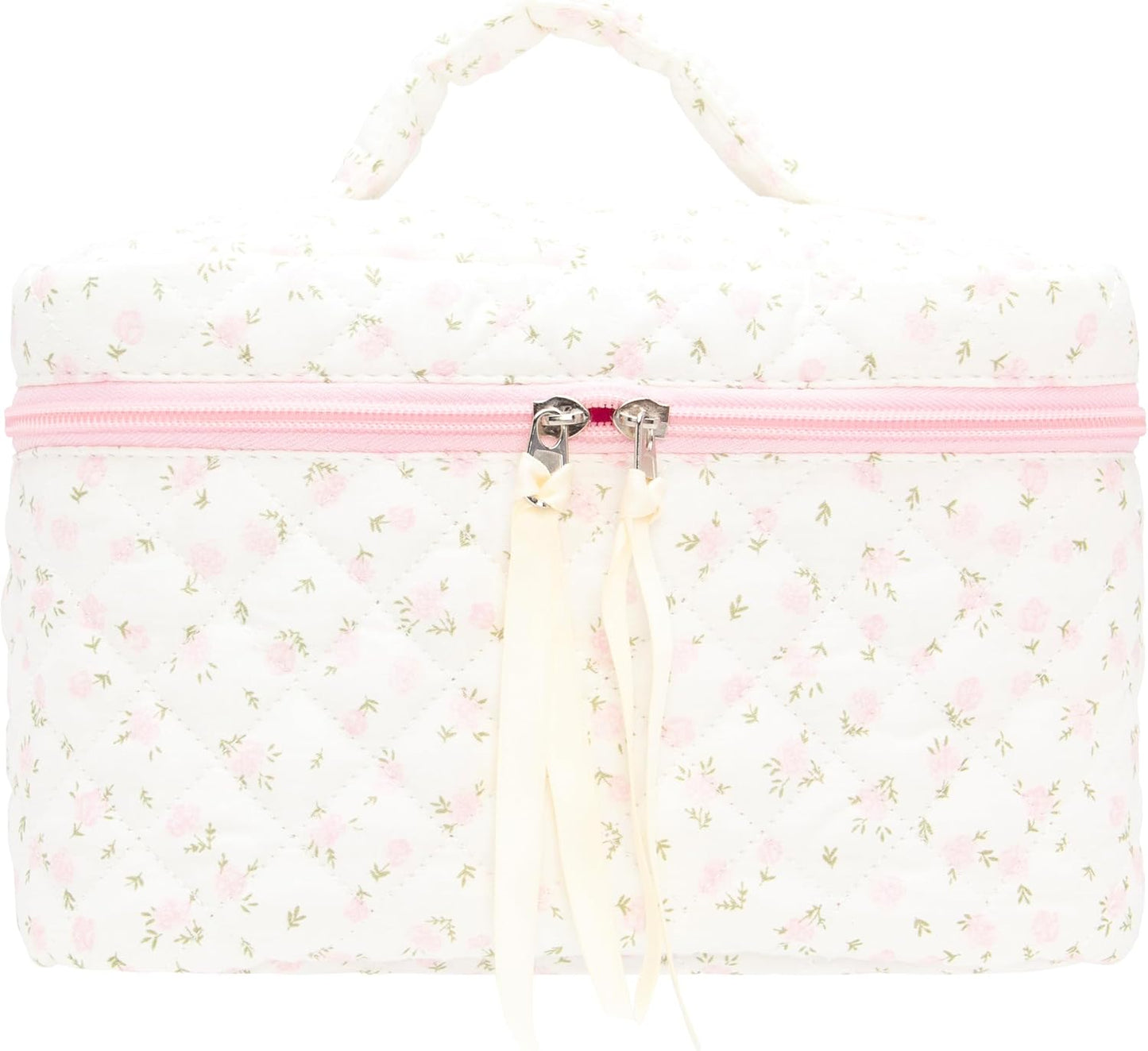 Quilted Makeup Bag Large Travel Zipper Soft Cosmetic Case for Women Girls Make Up,Little Flower Pink