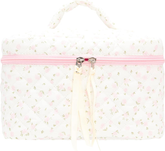 Quilted Makeup Bag Large Travel Zipper Soft Cosmetic Case for Women Girls Make Up,Little Flower Pink