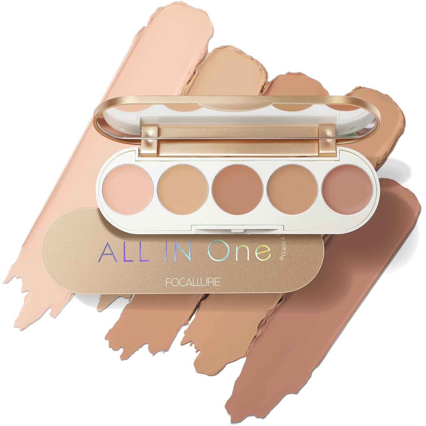 FOCALLURE #GoldenAge 5 in 1 Multi Uses Concealer Palette, 5 Colors Correcting Conceal Palette, Camouflage Contour Palettes for Dark Circles, Face Contouring Highlighter Pallet, 01 LIGHT-MEDIUM