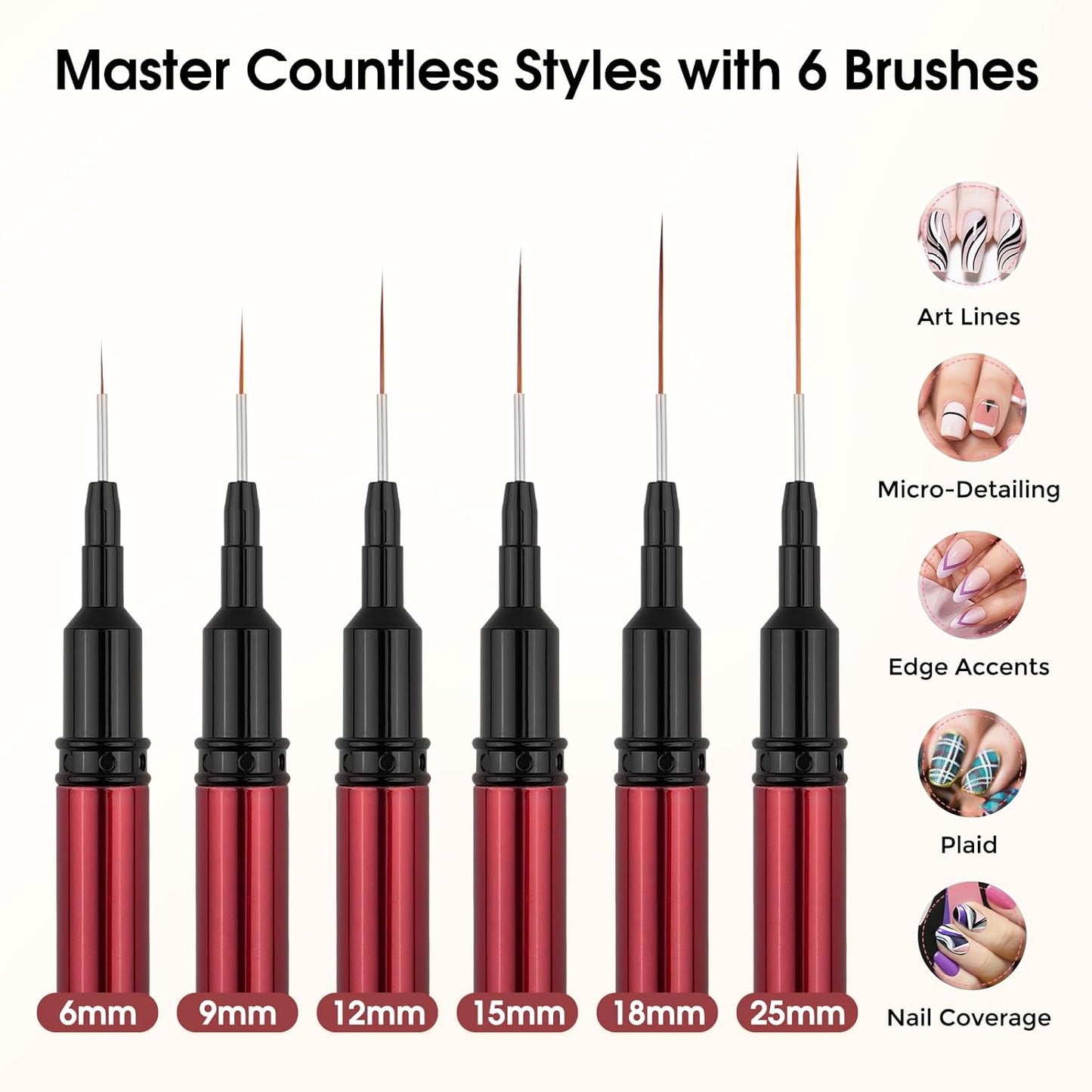 Nail Art Brushes, 6 Pcs Nail Liner Brushes for Nails, Nail Brushes for Nail Art Lines, Details, Edge and Plaid, Nail Art Brushes with Cap, Thin Liner Brushes Sizes 6/9/12/15/18/25 mm, Black