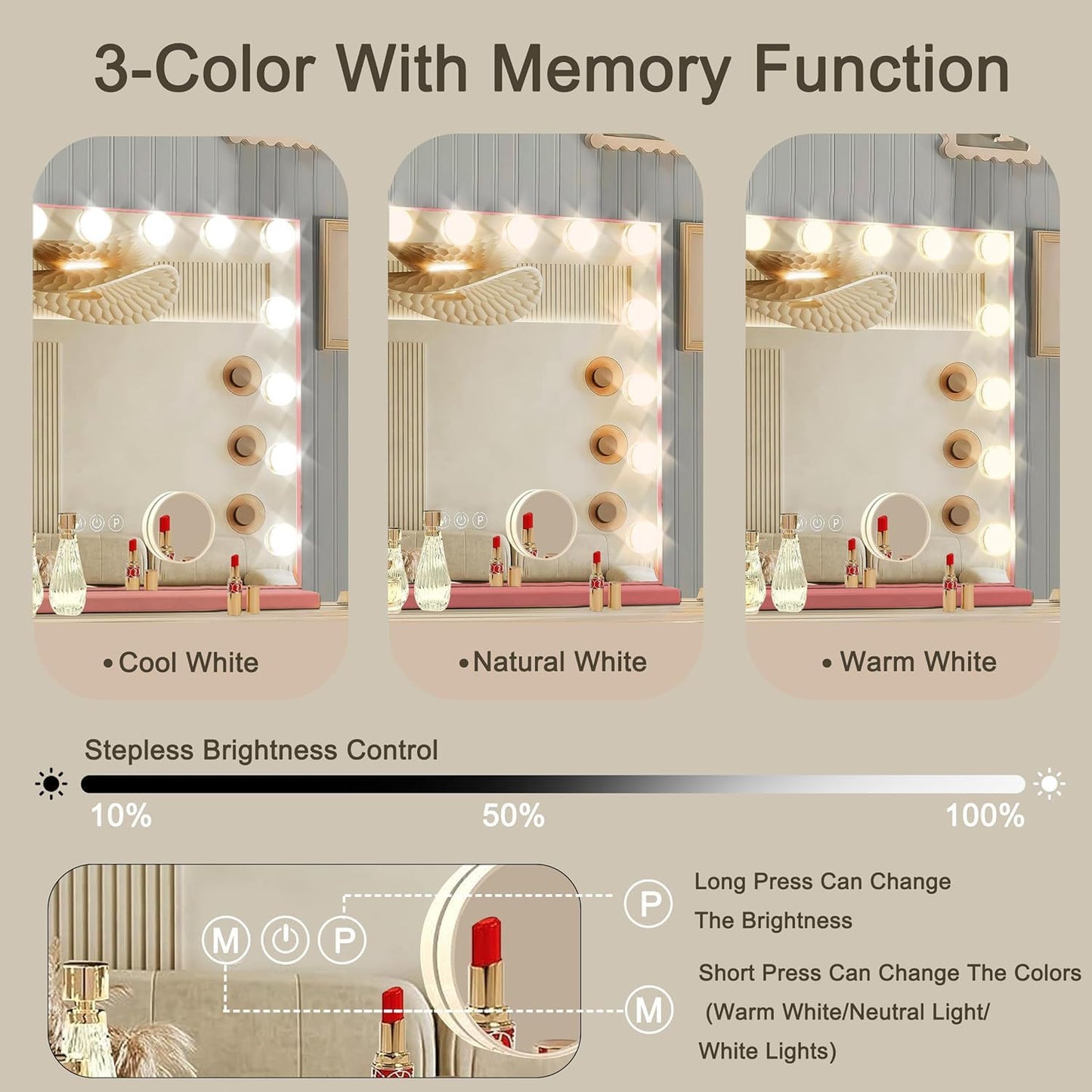 Pink Hollywood Vanity Mirror with Lights, 15 Dimmable Bulbs, 3 Color Lights,Make Up Lighted Mirror, Aluminum Metal Frame, USB Charging Port（23" x 18"）