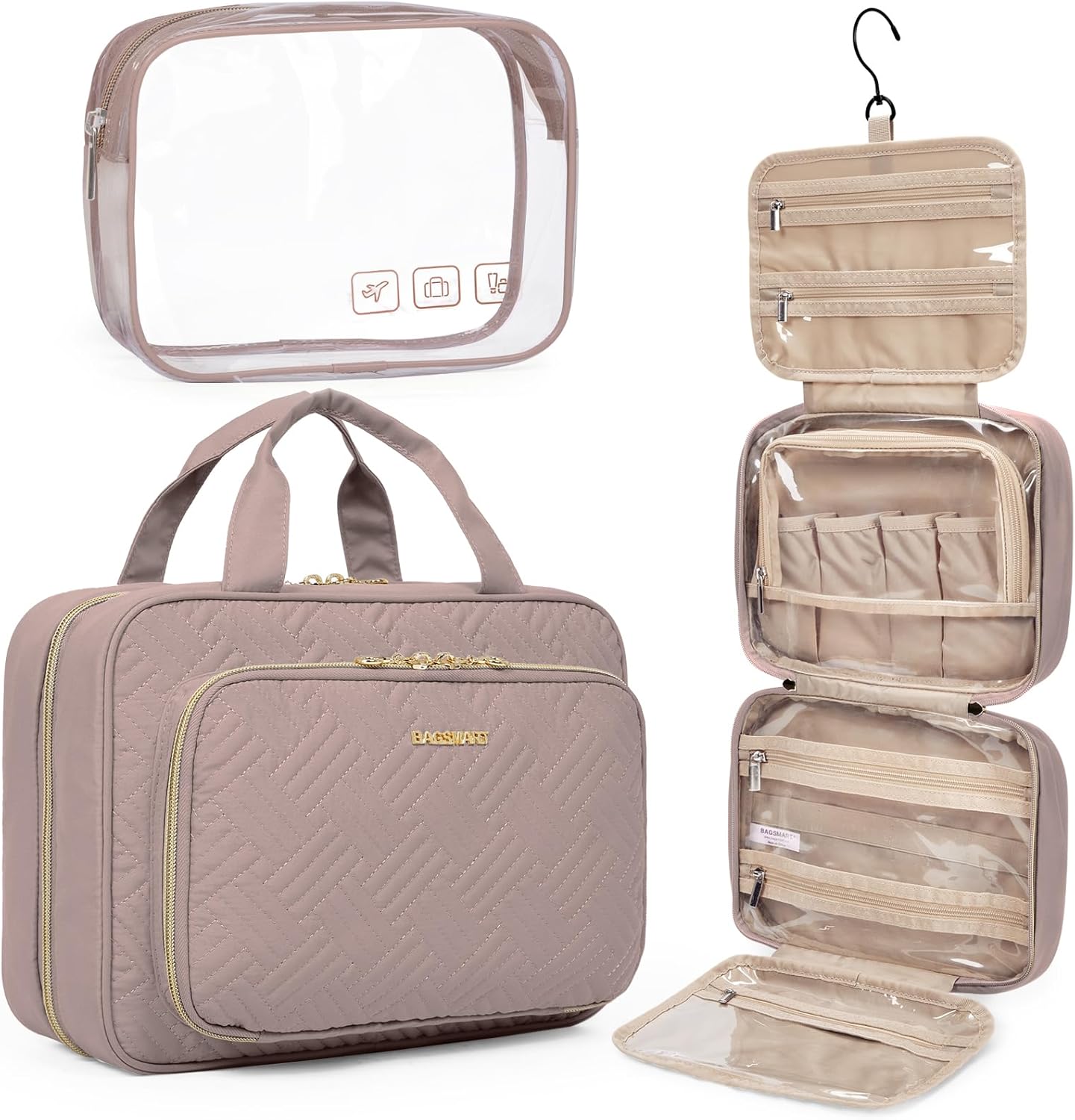 BAGSMART Toiletry Bag Hanging Travel Makeup Organizer with TSA Approved Transparent Cosmetic Bag Makeup Bag for Full Sized Toiletries, Large-Dark Purple