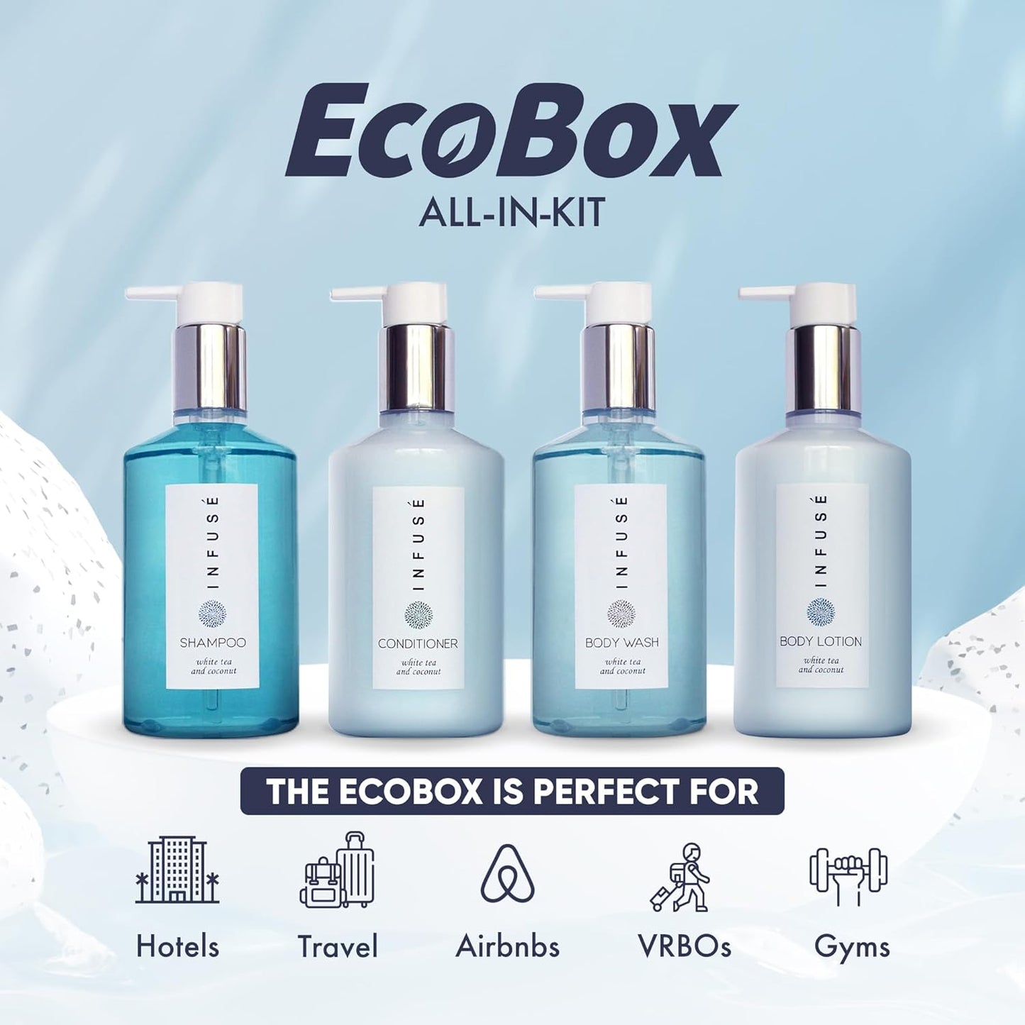 1-Shoppe Infuse 40 Piece Ecobox All-In-Kit | White Tea and Coconut Soap | 12 Shampoo, 8 Conditioner, 12 Body Wash & 8 Lotion | 10oz Hotel Soaps and Toiletries Bulk | Personal Care Products