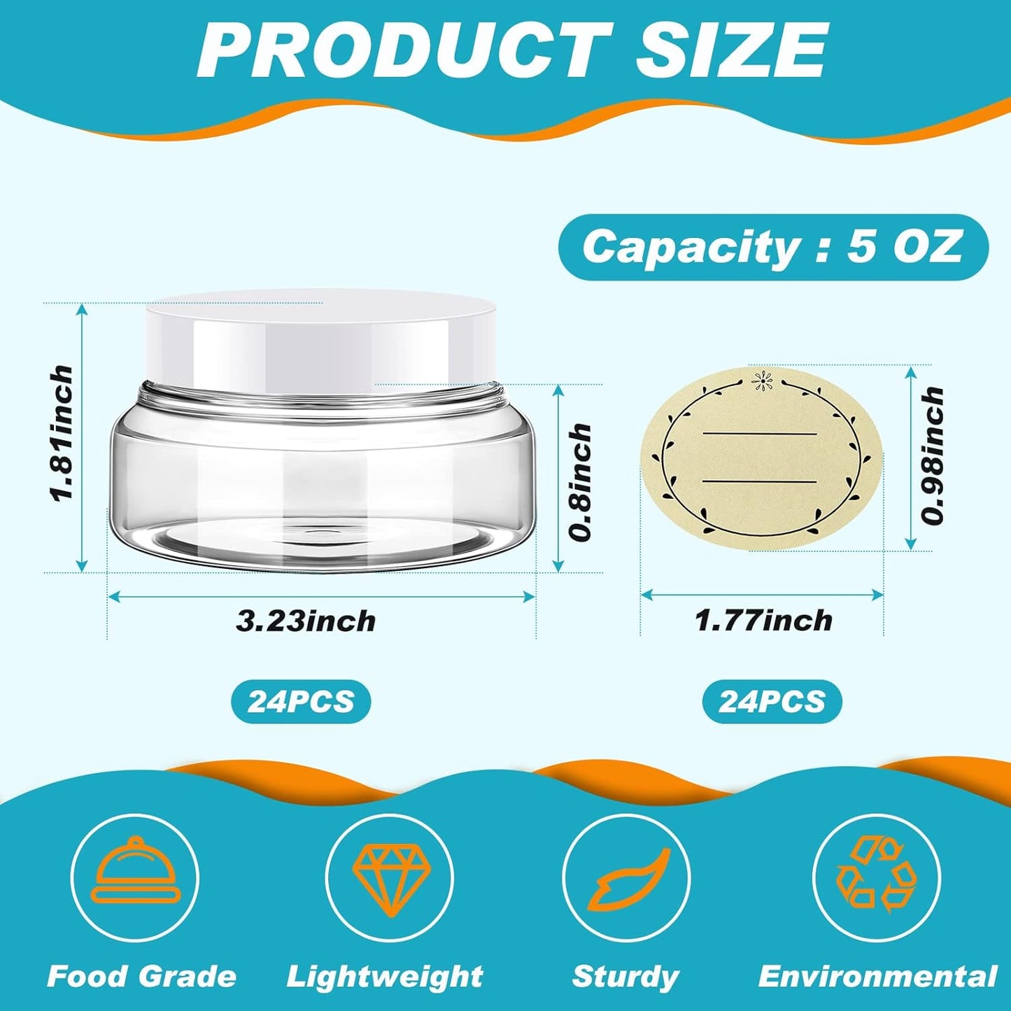Tessco 24 Pack Plastic Jars with Lids Labels Empty Clear Plastic Jars Round Refillable Cosmetic Containers Body Butter Containers Bulk Sugar Scrub Bottle for Make Up(5 oz,White)