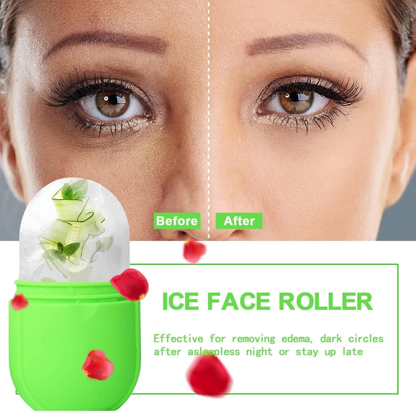 KOGITI Face Ice Roller & Mold - Beauty Facial Massage Tool for Puffiness Relief, Ice Cube Holder (New-Green)