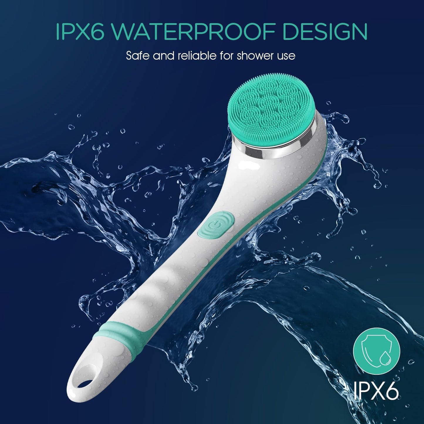 VOYOR Electric Silicone Body Scrubber, Back Scrubber for Shower, Waterproof Long Handle Body Brush, Rechargeable Power Bath Brush for Cleansing, Exfoliating, Massaging Skin BC100 (Blue)