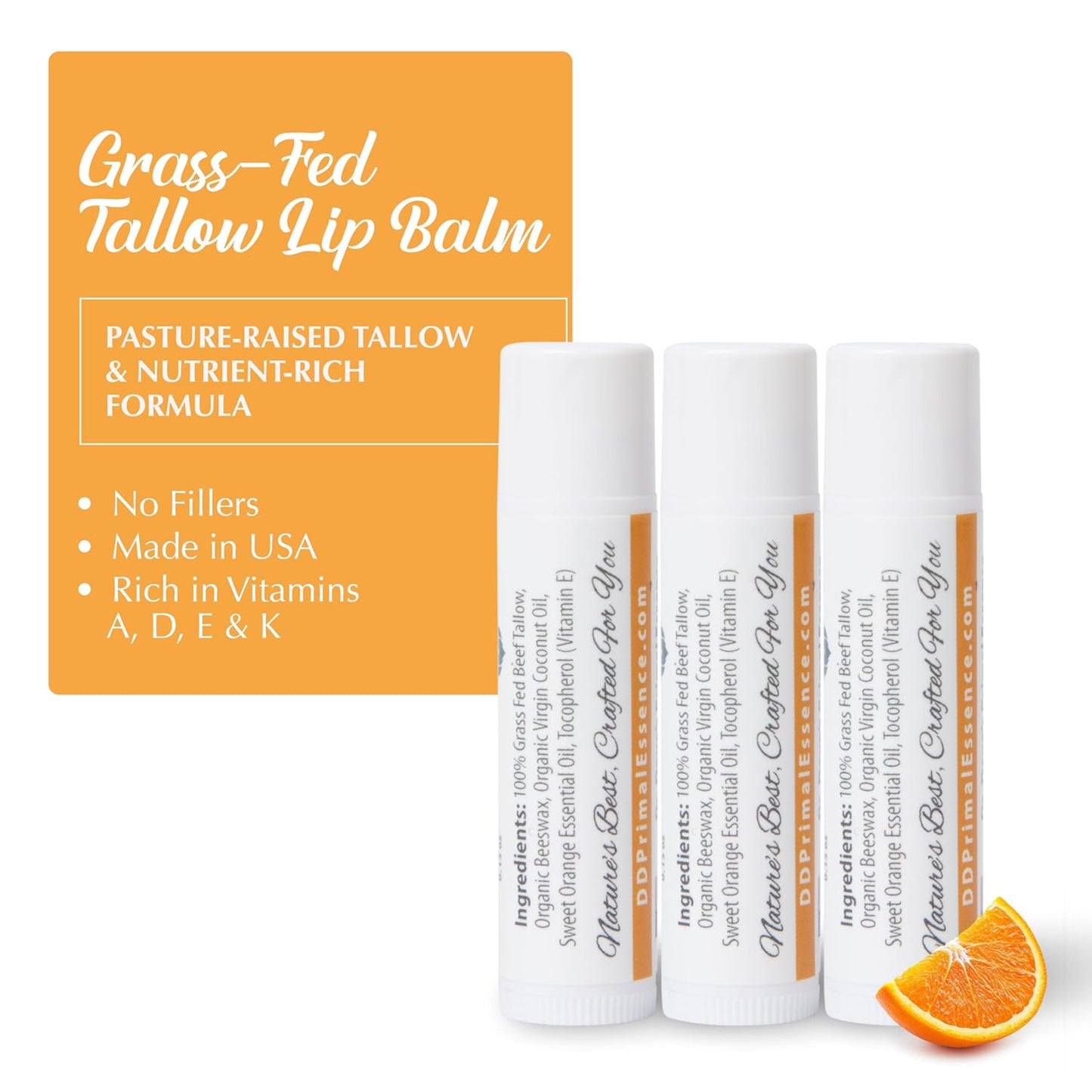 Moisturizing Tallow Lip Balm – Grass-Fed Beef Tallow with Organic Coconut Oil, Beeswax, and Vitamin E – Sweet Orange – Lip Balm Set – Travel Essential – 3-Pack