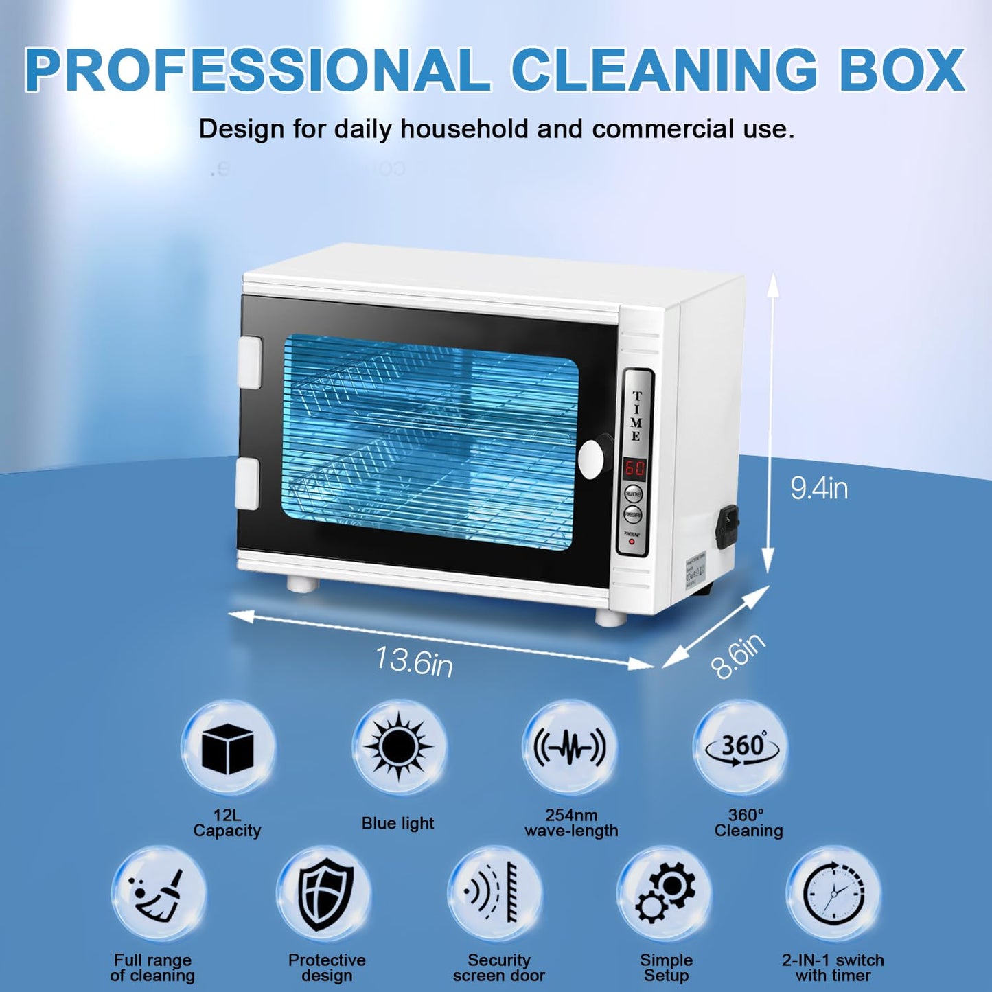 Nail Tool Cleaning Machine, 12L High Capacity Multi-Functional Nail Cleaner Box Manicure Tool Cleaning Cabinet Salon Equipment for Spa Beauty Home Metal Tools With Replaceable Lamp