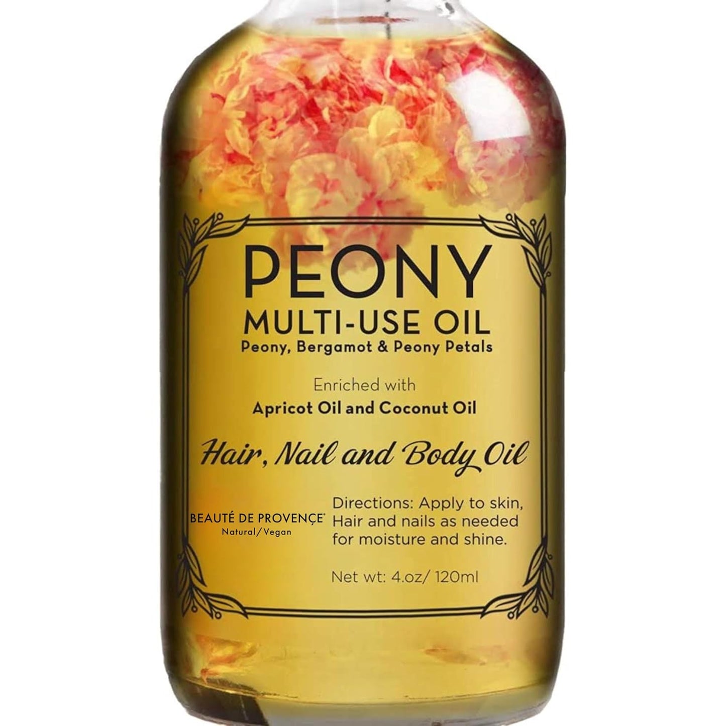 Peony Multi-Use Oil for Face, Body and Hair - Organic Blend of Apricot, Vitamin E Sweet Almond Oil for Dry Skin, Rose Petals & Bergamot Essential Oil - 4 Fl Oz