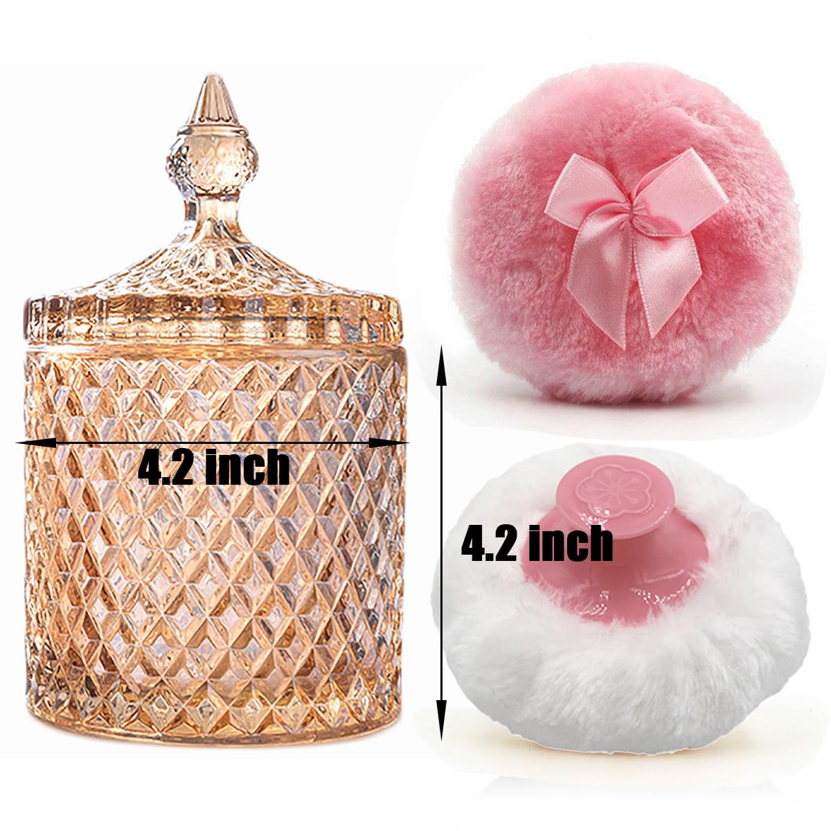 Luxury 4.2 Inch Glass Powder Container with 2 Plush Puffs｜Non-Sealed Refillable Organizer for Body Powder&Makeup｜Setting Powder Applicator w/Loose Powder Storage(Pointed Cylinder-Amber-Large)