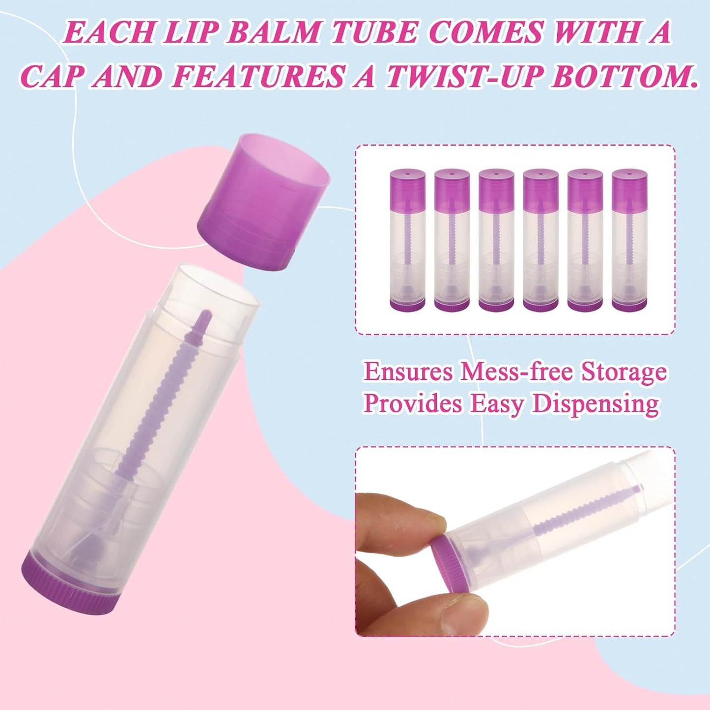 200Pack Plastic Lip Balm Tubes 5ml/5g Purple Lip Balm Containers, Chapstick Tubes Empty with Filling Tray and Spatula, Rotating Type Refill Lip with Cap for DIY Make Up Lip Balm