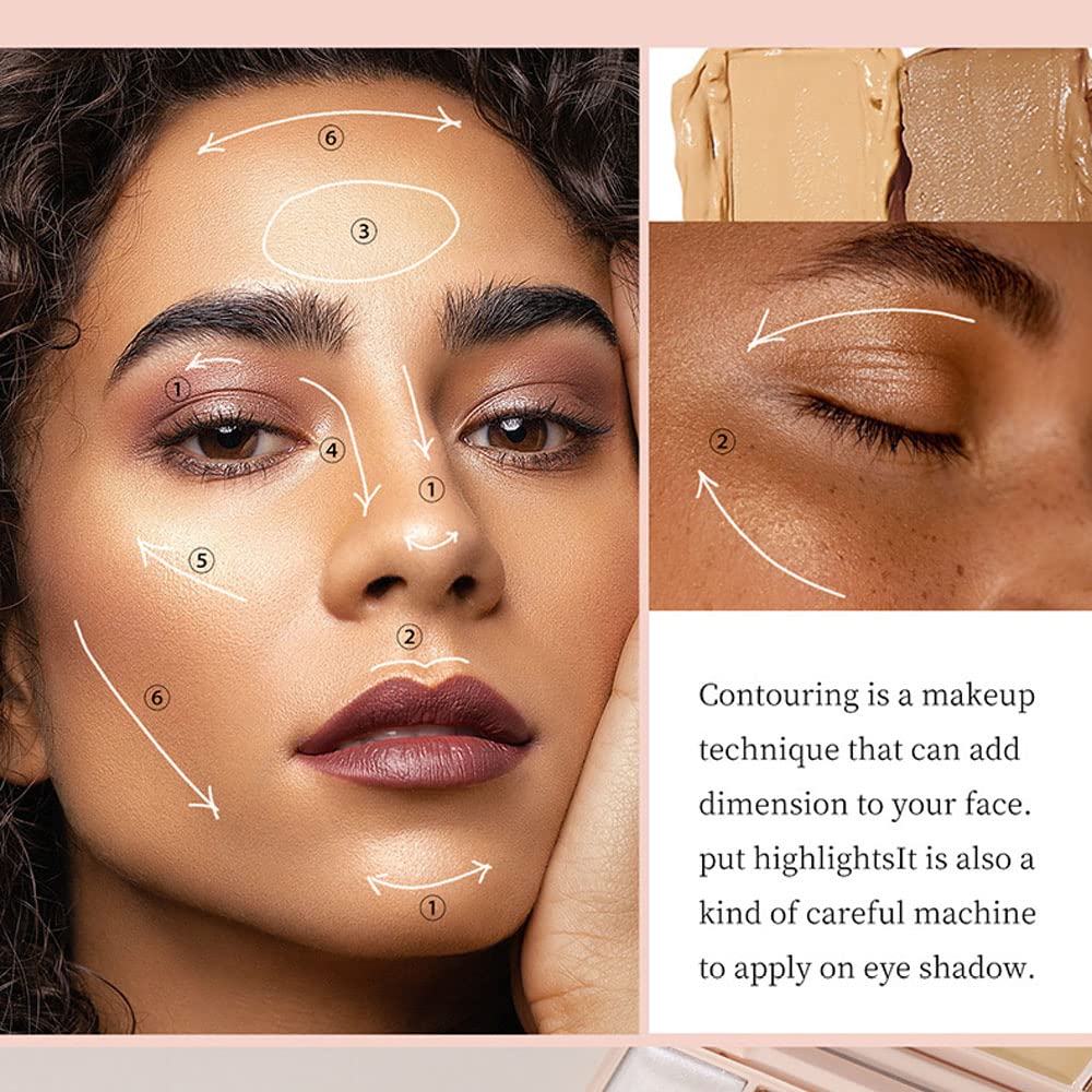 Pro Cream Highlight and Contour Palette Kit with Mirror & Brush for Women. White Silver Gold Highlight Brown Face Correcting Concealer Palette