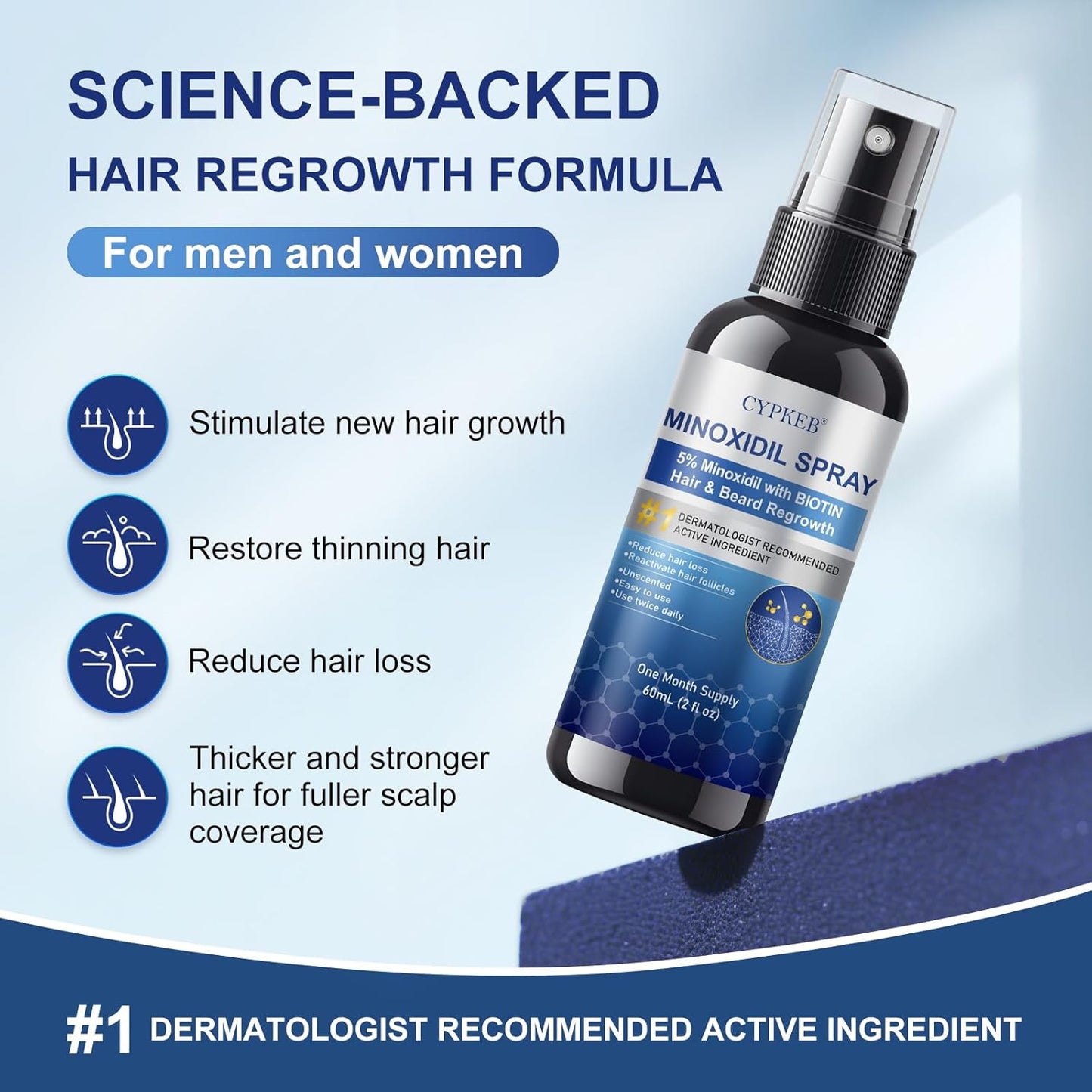 5% Minoxidil Spray for Men and Women, Infused with Biotin, Hair and Beard Regrowth Treatment, Extra Strength Treatment to Combat Hair Loss and Thinning, 4 Month Supply, 4 Bottles