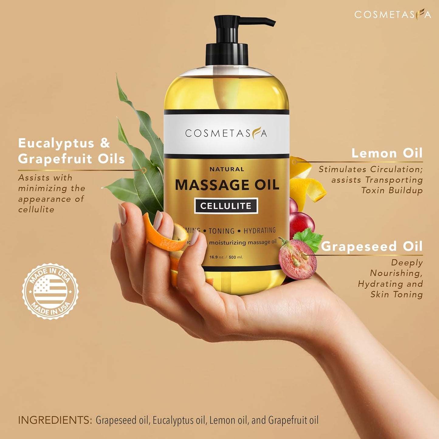 Cellulite Massage Oil, Gel & Mitt - Natural Hot Cream Massage Gel, Oil & Massager - Firm, Tone, Tighten & Moisturize Skin. Soothes Muscles (16.9 oz)