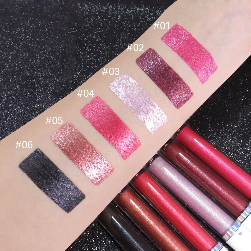 evpct 1Pcs Hot Pink Metallic Glitter Lip Gloss Stain lip color Lipstick for Women Long Lasting Waterproof 24, Rose Pink Frosted Metallic Shimmer Chrome iridescent Liquid Lipstick Lip Gloss Makeup, 01#