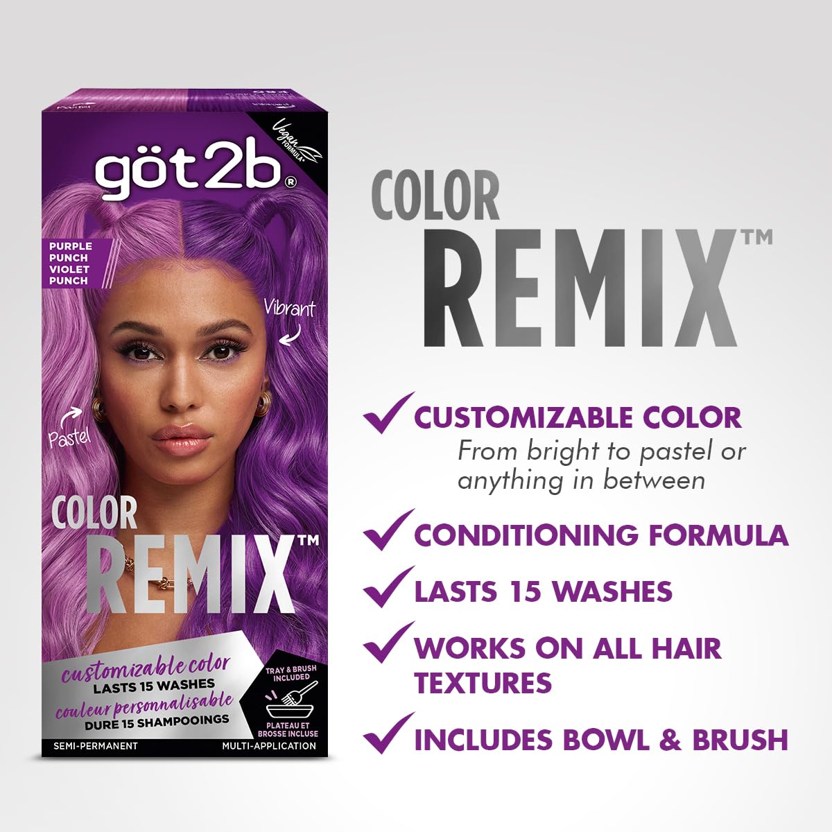 Got2b Color Remix, Customizable Semi-Permanent Hair Color, 094 Purple Punch
