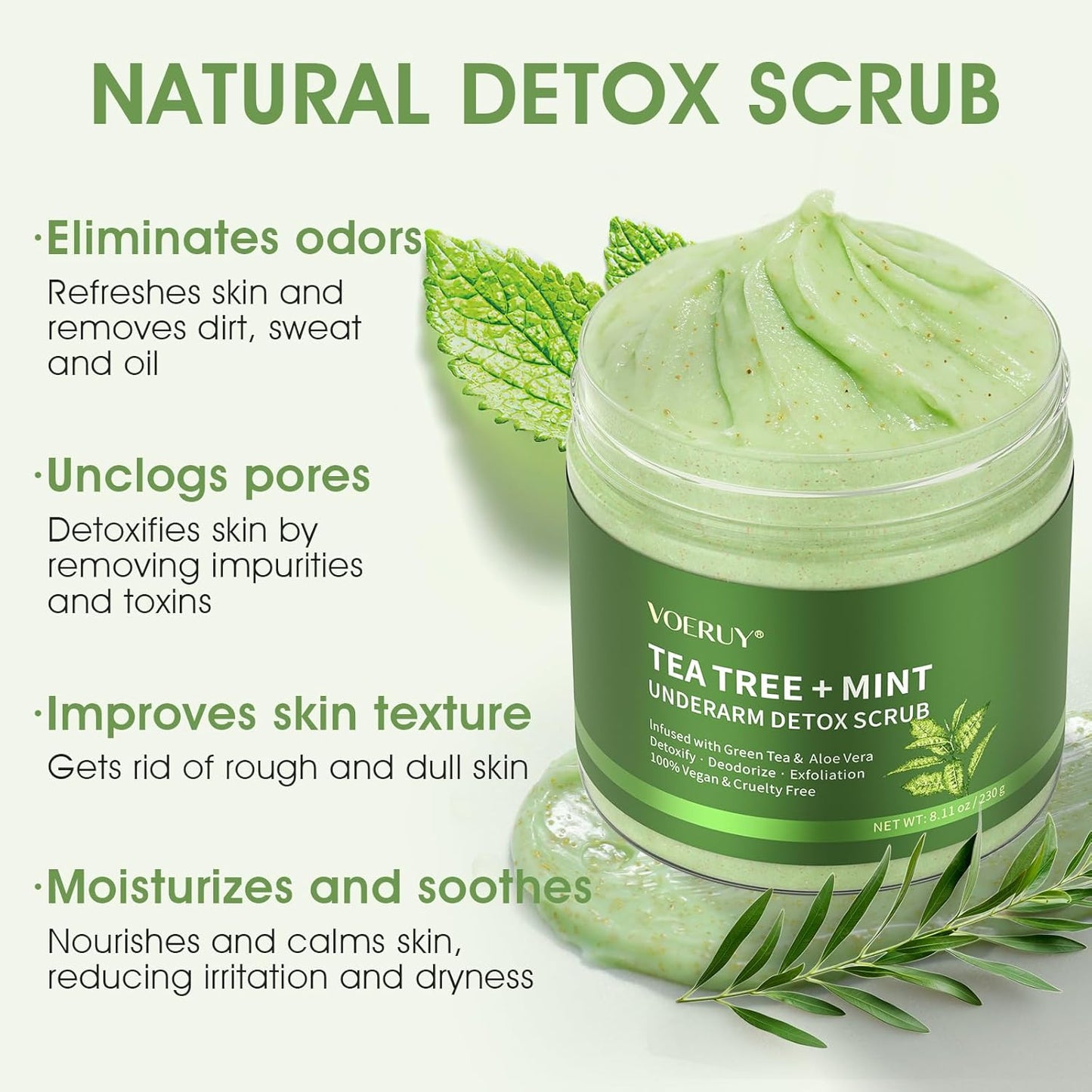 Armpit Detox Scrub with Tea Tree, Mint & Walnut Shell Powder, Underarm Scrub for Removing Odor & Exfoliating, Dark Armpit Remover, Natural Unisex Body Deodorant for Full Body Care 8.11 Oz