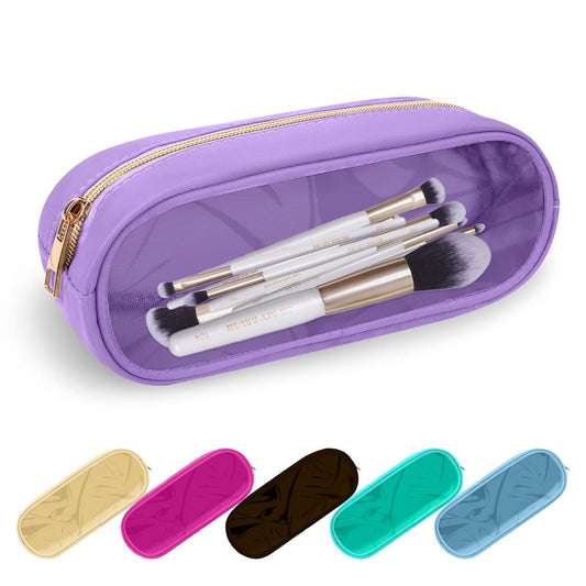 Clear Small Pencil Pouch Makeup Bag for Purse,Nylon&PVC Pencil Case Waterproof Makeup Brush Holder with Zipper,Preppy Transparent Pen Bag Travel Cosmetic Bag for Women Men Office(Slim-Purple)