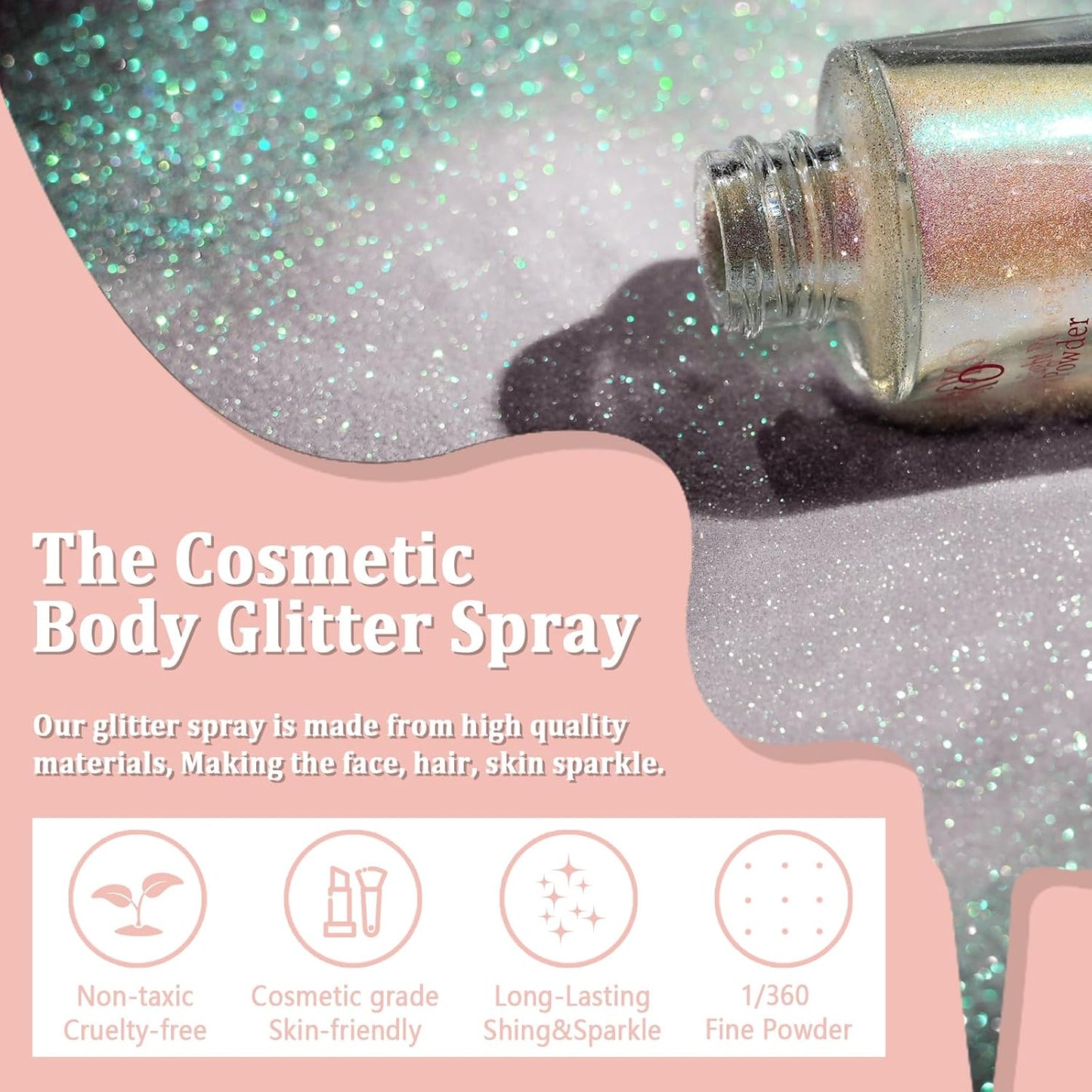 Boko Body Glitter Spray, Iridescent Glitter Spray for Sparkling Body Face Hair Nail Clothes, Hair Glitter Spray Body Shimmer Powder for Highlighter Makeup Mardi Gras Concert Party Rave Accessories