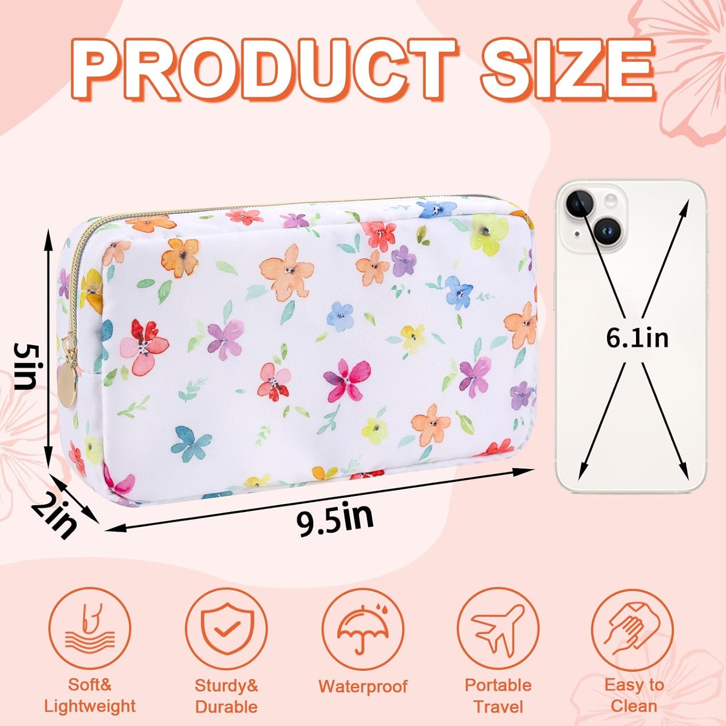 Waterproof Small Floral Makeup Bag Pouch for Purse,Nylon Flower Cosmetic Bag Preppy Travel Toiletry Storage Bag for Women Girl,Cute Makeup Organizer Bag Pouch with Zipper(Small Colorful-Flowers)
